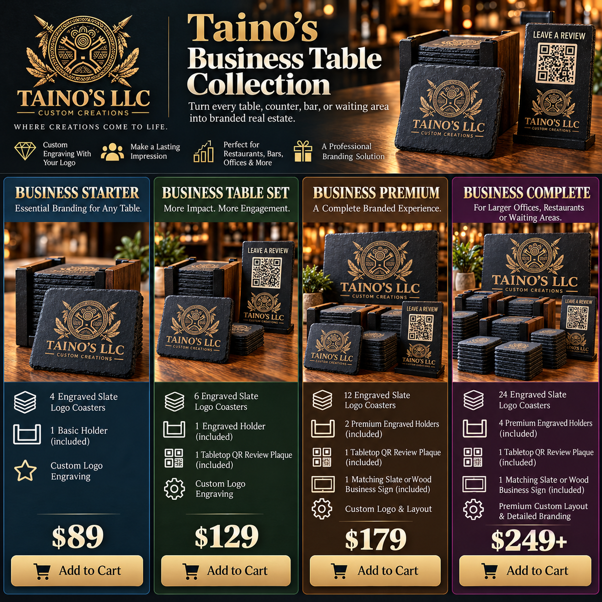 A promotional collage for Taino's Business Table Collection showing branded black table toppers with gold lettering, stacks of matching black and gold coasters, and pricing cards for Business Starter, Business Table Set, Business Premium, and Business Complete packages on a dark wood background.